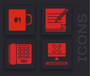 set computer with keyboard and x mark coffee cup vector image