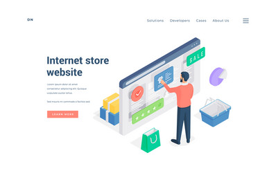 Man browsing internet store website isometric vector