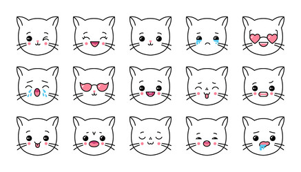 Emojis cat vector set. Cute cats face emoticons and icon in hungry and  crying emotion for signs and symbols isolated in white background. Vector  illustration 3d realistic. Stock Vector