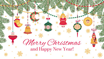 merry christmas banner with xmas tree decorations vector