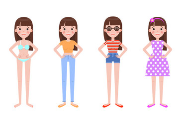 Young girl in stylish bright summer outfits set vector