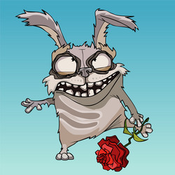 cartoon scary rabbit with red flower in hand vector