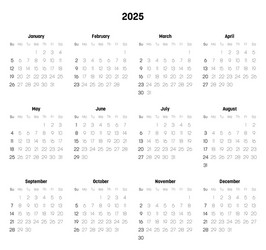 Monthly calendar of year 2025 Royalty Free Vector Image