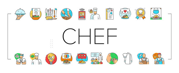 Restaurant chef cooking food icons set vector