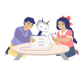 happy children playing with robot toy programming vector image