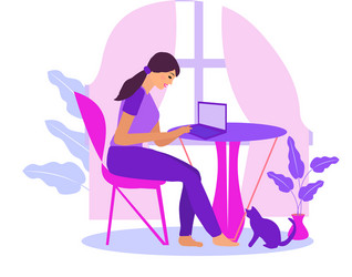 Work at home freelance girl works on a laptop vector