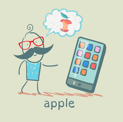man looking at mobile and thinks the apple vector image