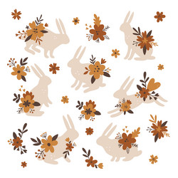 Set of whimsical rabbits with flowers vector