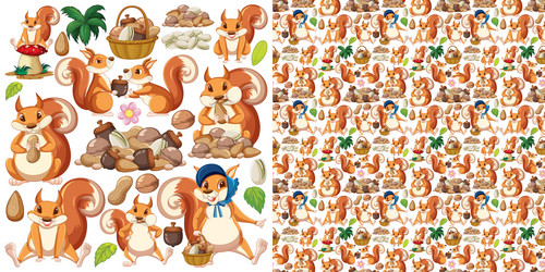 seamless background with squirrels and nuts vector