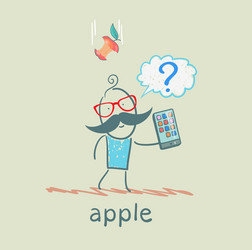 man holding a mobile phone and an apple falls vector image