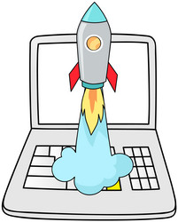 Rocket startup symbol on laptop start of project vector