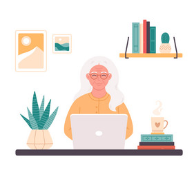 Old woman working on computer at home online vector