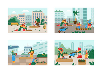 Community garden scenes set people voluntarily vector