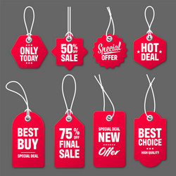 Realistic red price tags with white string on gray vector