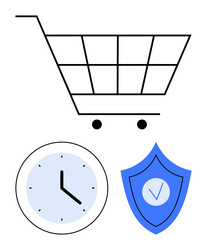 shopping cart with clock and shield for secure vector image