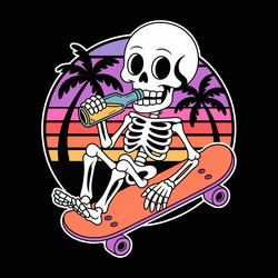 skeleton drinking on skateboard with sunset Vector Image