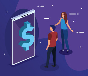 dollar icon on smartphone with woman and man vector image