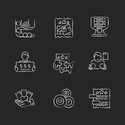 Lottery games types chalk white icons set on dark vector