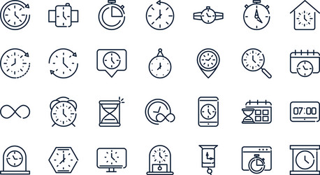 Time clock timer hour date linear design set icons vector