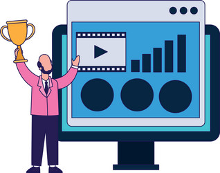 Computer monitor and businessman holding a trophy vector