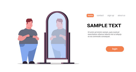 Sad overweight man looking at himself reflection vector