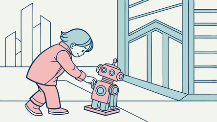 child interacts with friendly robot exploring vector image