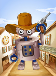 A robot wearing hat and holding gun vector