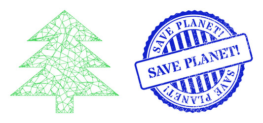Textured save planet stamp seal and net fir tree vector