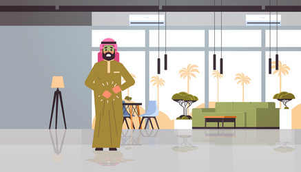 Sad arab man with pale face vomit nausea stomach vector