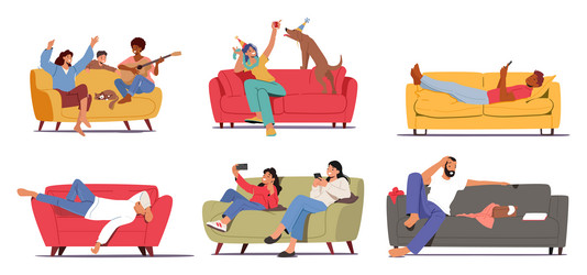 set of male and female characters on their couches vector