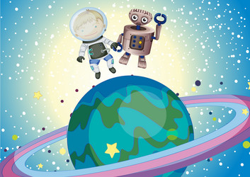 a boy and robbot in the outer space vector