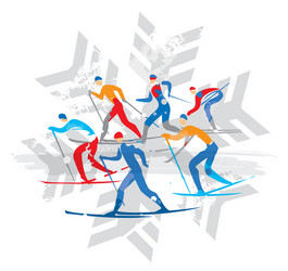 cross country ski racers on snowflake symbol vector