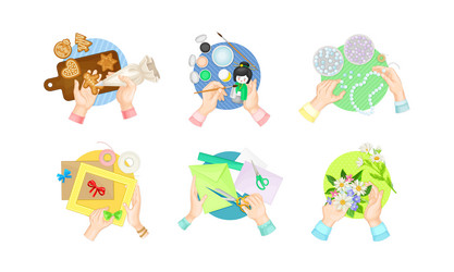 top view of hands creating diy crafts set vector image