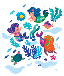 cute little mermaids are swimming under the sea Vector Image