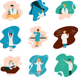 Scientists characters wearing white coats working vector