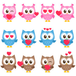 set of cute pink blue and brown owls with hearts Vector Image