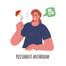 young woman holds a poisonous amanita mushroom vector