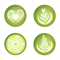 Set with realistic matcha latte drink art tulips vector