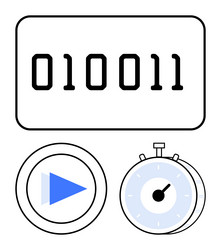 binary code with play button and stopwatch vector image