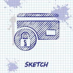 Sketch line credit card with lock icon isolated vector