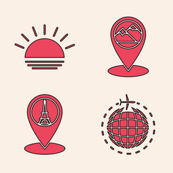 Set globe with flying plane sunset map pointer vector