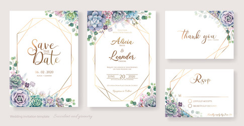 Succulent Wedding RSVP Card - Green & Gold Vector Image
