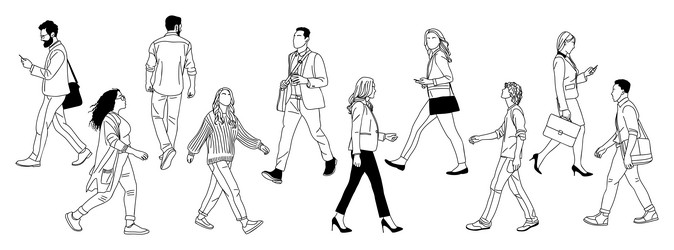 set of different people walking line art drawing
