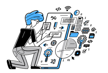 Programmer is coding and repairing some vector