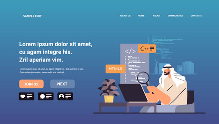 arab web developer creating program code on laptop vector image
