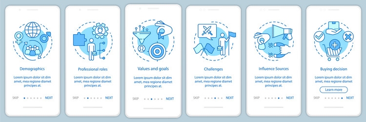 Buyer persona blue onboarding mobile app page vector