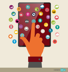 hand touching screen device with application web vector image