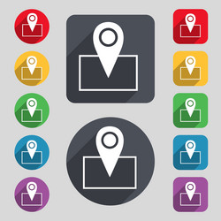 Map pointer icon sign a set of 12 colored buttons vector