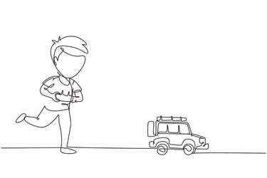 Continuous one line drawing a boy is pushing his Vector Image