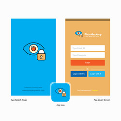 Company eye locked splash screen and login page vector